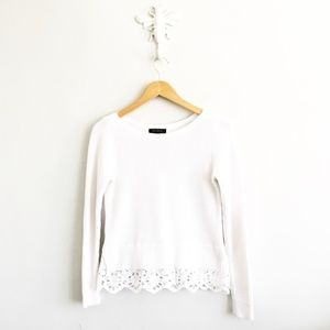 Anne Taylor White Ribbed Sweater w/ Eyelet Hem XS